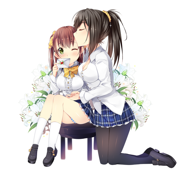 Anime picture 2000x1915 with original usagihime long hair highres light erotic black hair simple background brown hair white background multiple girls green eyes ponytail eyes closed one eye closed wink pantyshot pantyshot sitting shoujo ai kiss floral background