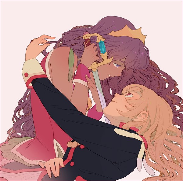 Anime picture 1500x1482 with revolutionary girl utena j.c. staff tenjou utena himemiya anthy matatabi long hair simple background blonde hair red eyes brown hair purple eyes multiple girls purple hair profile pink eyes sleeveless hug wavy hair face to face eye contact