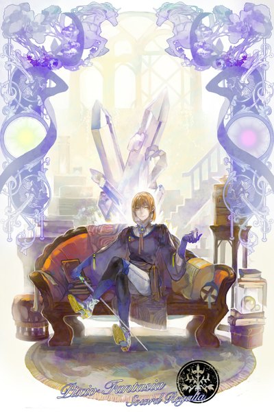 Anime picture 1000x1498 with original pixiv fantasia pixiv fantasia sword regalia noir (ibaraki) single tall image short hair brown hair sitting brown eyes boy gloves earrings sword elbow gloves pillow book (books) couch stairs crystal