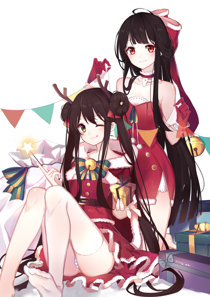 Anime picture 1000x1414 with yipai zhi chang wei lao bu zun! akira (ying) long hair tall image looking at viewer blush light erotic black hair simple background smile red eyes white background sitting twintails multiple girls holding yellow eyes ahoge very long hair one eye closed