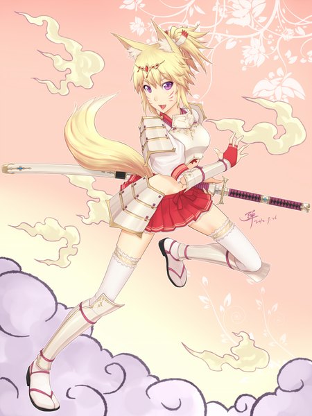 Anime picture 1540x2053 with original dan (kumadan) single tall image short hair open mouth blonde hair purple eyes cloud (clouds) traditional clothes fox ears fox tail fox girl girl thighhighs weapon miniskirt white thighhighs sword katana