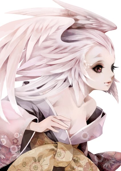 Anime picture 920x1300 with original kai (linking) single tall image simple background smile white background purple eyes bare shoulders pink hair white hair traditional clothes japanese clothes profile pink eyes light smile angel wings head wings girl wings