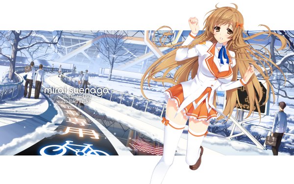 Anime picture 2560x1600 with mirai millenium suenaga mirai iizuki tasuku long hair blush fringe highres open mouth blonde hair yellow eyes inscription wallpaper zettai ryouiki city hieroglyph border winter snow cityscape landscape