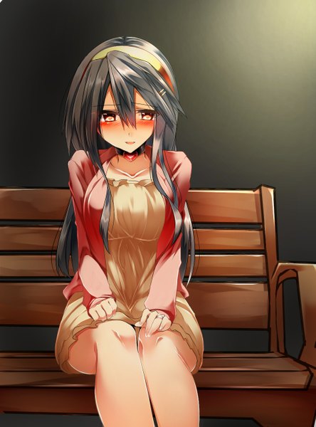 Anime picture 961x1296 with kantai collection haruna battleship tsukui kachou single long hair tall image looking at viewer breasts open mouth black hair hair between eyes red eyes large breasts sitting bent knee (knees) embarrassed girl dress choker bench