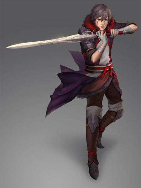 Anime picture 1024x1366 with unodu single tall image fringe short hair black hair simple background standing realistic grey background scar silver eyes boy weapon sword bandage (bandages) clothes