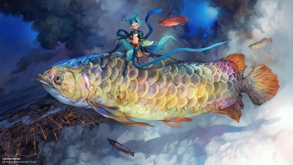 Anime picture 1400x788 with original yilee short hair blue eyes smile wide image sitting cloud (clouds) tail horn (horns) pointy ears aqua hair bare belly city cityscape flying spiked hair boy fish (fishes) scales