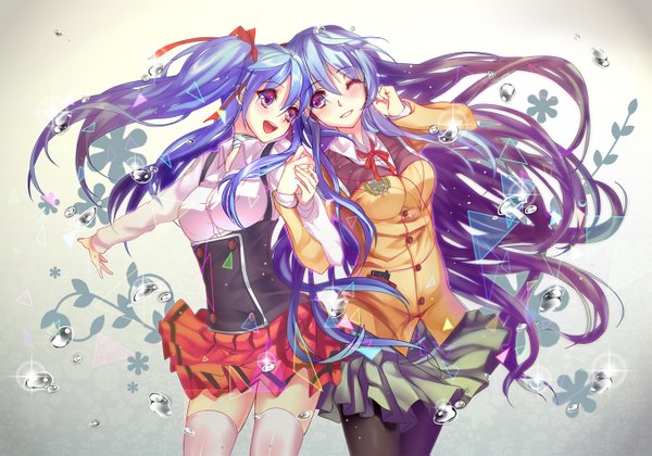 Anime picture 1357x951 with original aki663 long hair open mouth smile multiple girls blue hair one eye closed multicolored hair wink zettai ryouiki multicolored eyes girl thighhighs dress skirt ribbon (ribbons) 2 girls hair ribbon white thighhighs
