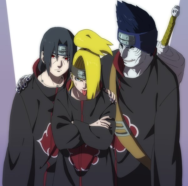 Anime picture 2149x2135 with naruto studio pierrot naruto (series) uchiha itachi deidara hoshigaki kisame 25gntkn long hair fringe highres short hair blue eyes black hair simple background blonde hair smile red eyes blue hair cloud (clouds) ponytail