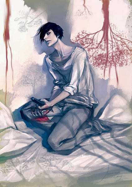 Anime picture 800x1132 with original mianlezhimie single tall image looking at viewer fringe short hair black hair red eyes signed hair over one eye shadow kneeling scared boy plant (plants) tree (trees) pillow blood boxcutter