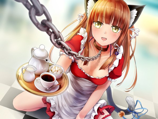 Anime picture 2400x1800 with hunie pop momo (hunie pop) ninamo single long hair blush highres open mouth light erotic smile brown hair animal ears yellow eyes tail animal tail cat ears maid cat girl cat tail kneeling