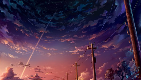 Anime picture 4000x2285 with original akubaka highres wide image signed absurdres sky cloud (clouds) landscape scenic plant (plants) tree (trees) star (stars) power lines