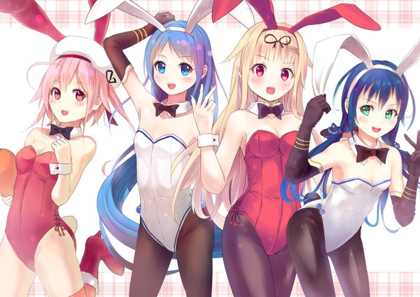 Anime picture 1446x1024 with kantai collection yuudachi destroyer harusame destroyer samidare destroyer suzukaze destroyer culter long hair looking at viewer blush fringe short hair open mouth blue eyes light erotic blonde hair smile red eyes twintails bare shoulders multiple girls