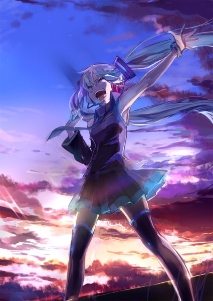 Anime picture 1200x1695 with vocaloid hatsune miku ume (plumblossom) single long hair tall image open mouth twintails cloud (clouds) eyes closed aqua hair evening sunset singing screaming girl thighhighs skirt detached sleeves