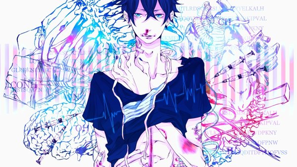 Anime picture 1560x880 with original nande single short hair blue eyes wide image white background blue hair looking away nail polish inscription torn clothes pale skin licking skeleton boy blood bandaid surgical mask scissors