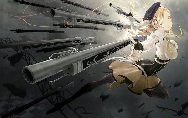 Anime picture 1920x1200 with mahou shoujo madoka magica shaft (studio) tomoe mami qni (pixiv) single long hair highres blonde hair wide image yellow eyes drill hair flying checkered floor girl thighhighs dress gloves weapon hat fingerless gloves