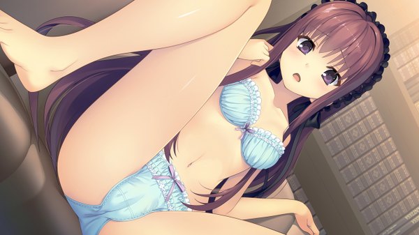 Anime picture 1280x720 with tokeijikake no ley line shishigatani ushio urabi (tomatohouse) single long hair looking at viewer blush breasts open mouth light erotic brown hair wide image sitting purple eyes game cg dutch angle spread legs underwear only girl underwear