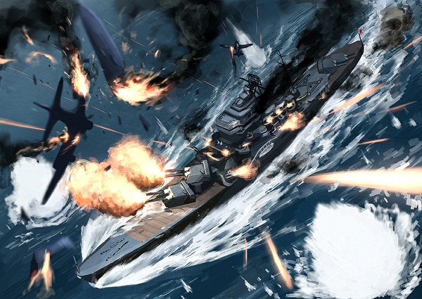 Anime picture 1150x815 with original hetza (hellshock) flying no people battle swimming shot war weapon water sea gun fire flag aircraft watercraft airplane ship jet