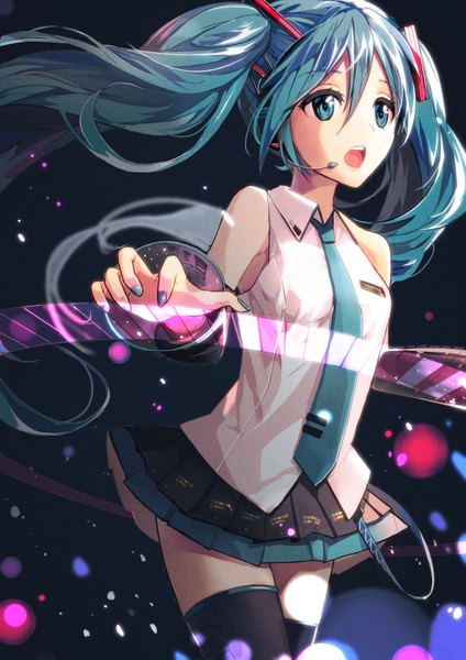 Anime picture 2480x3508 with vocaloid hatsune miku tsukun112 single tall image highres open mouth twintails looking away very long hair nail polish aqua eyes aqua hair zettai ryouiki girl skirt detached sleeves miniskirt necktie thigh boots