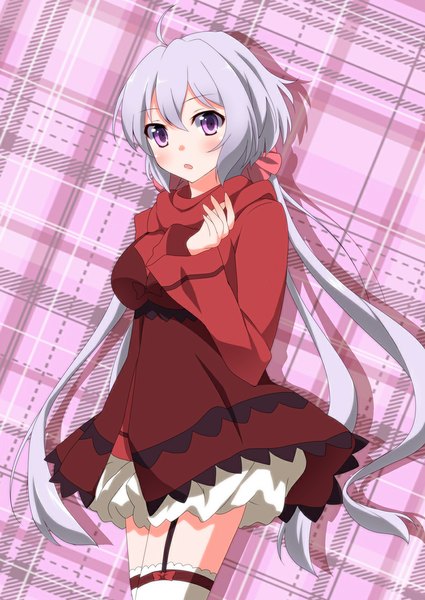 Anime picture 800x1130 with senki zesshou symphogear satelight yukine chris kurono yuzuko single long hair tall image looking at viewer blush fringe open mouth purple eyes twintails silver hair shadow plaid plaid background girl thighhighs white thighhighs