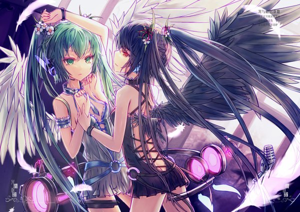Anime picture 1400x990 with vocaloid hatsune miku wangchuan de quanyan long hair black hair red eyes twintails bare shoulders multiple girls green eyes signed payot looking away green hair from behind holding hands hieroglyph black wings white wings girl