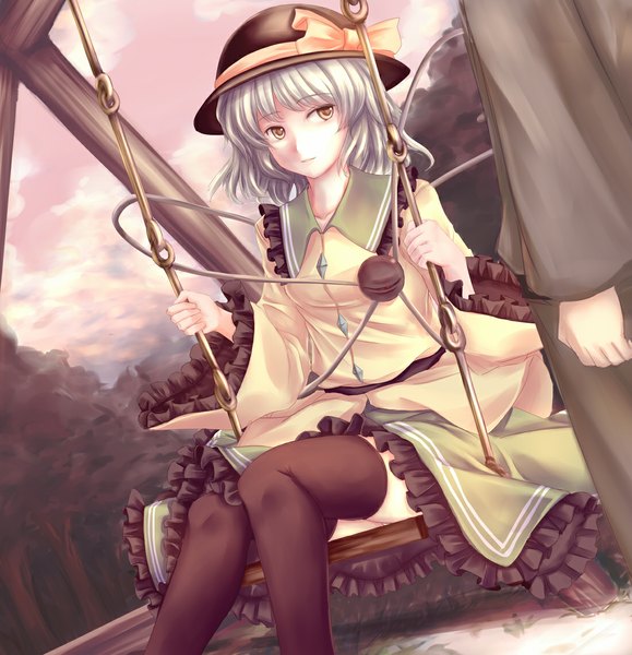 Anime picture 1100x1140 with touhou komeiji koishi ten ryuu sadaaki single tall image short hair sitting yellow eyes white hair pantyshot pantyshot sitting girl thighhighs dress underwear panties black thighhighs hat frills eyeball