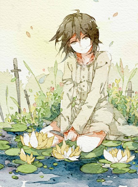 Anime picture 1500x2020 with original xiaohan single tall image looking at viewer fringe smile brown hair brown eyes wind girl dress flower (flowers) petals sword water leaf (leaves) buttons water lily