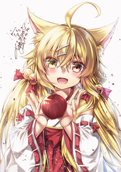 Anime picture 885x1254 with original yuihira asu (sorairo as) single long hair tall image looking at viewer blush fringe open mouth simple background blonde hair smile hair between eyes white background twintails signed animal ears yellow eyes upper body ahoge