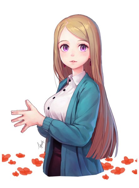 Anime picture 739x1000 with original efmoe single long hair tall image looking at viewer blush simple background blonde hair white background purple eyes parted lips girl flower (flowers)