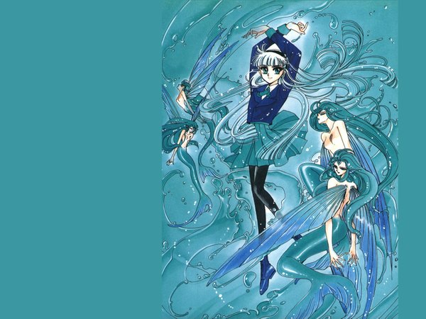 Anime picture 1817x1363 with magic knight rayearth clamp ryuuzaki umi long hair highres simple background blonde hair aqua eyes girl uniform school uniform wings water mermaid