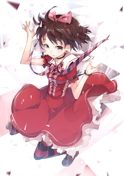 Anime picture 707x1000 with original risou (maeda risou) single tall image looking at viewer blush short hair brown hair from above spread arms checkered floor jumping multicolored eyes girl dress bow hair bow pantyhose choker striped pantyhose