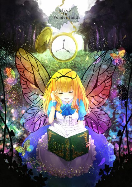 Anime picture 800x1131 with alice in wonderland alice (wonderland) reio reio single long hair tall image blush blonde hair eyes closed insect wings butterfly wings girl dress flower (flowers) plant (plants) wings tree (trees) book (books) insect butterfly