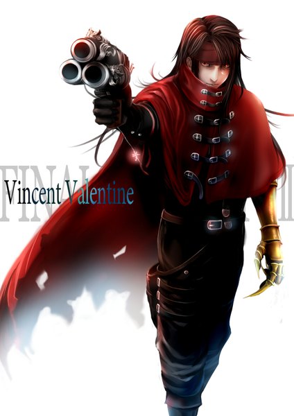 Anime picture 817x1155 with final fantasy vii advent children final fantasy final fantasy vii square enix vincent valentine ten (k1208) single long hair tall image simple background red eyes brown hair white background looking away copyright name character names outstretched arm boy weapon hairband