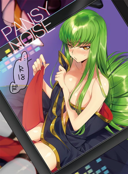 Anime picture 800x1079 with code geass sunrise (studio) c.c. creayus single long hair tall image blush fringe breasts light erotic hair between eyes sitting bare shoulders holding yellow eyes green hair blurry sweat embarrassed