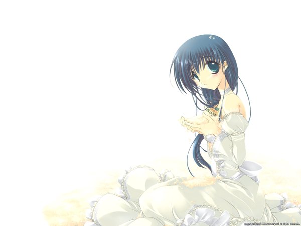 Anime picture 1600x1200 with comic party hasebe aya single long hair looking at viewer blue eyes simple background white background signed blue hair copyright name girl dress choker white dress