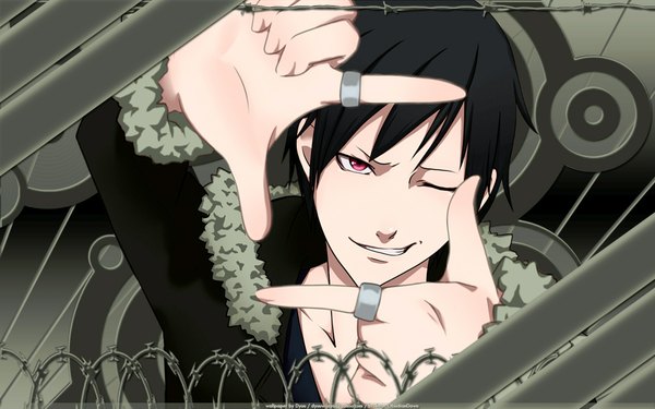 Anime picture 1920x1200 with durarara!! brains base (studio) orihara izaya highres short hair black hair smile wide image close-up boy ring