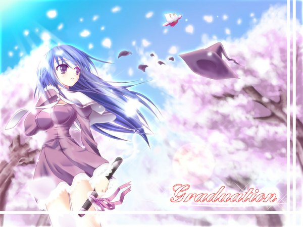 Anime picture 1024x768 with pangya arin long hair blue hair cherry blossoms witch hat petals