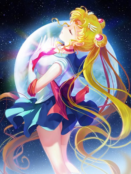 Anime picture 700x927 with bishoujo senshi sailor moon toei animation tsukino usagi sailor moon moai (aoh) tall image fringe breasts blonde hair twintails eyes closed very long hair profile hair bun (hair buns) magic arched back space skirt gloves hair ornament