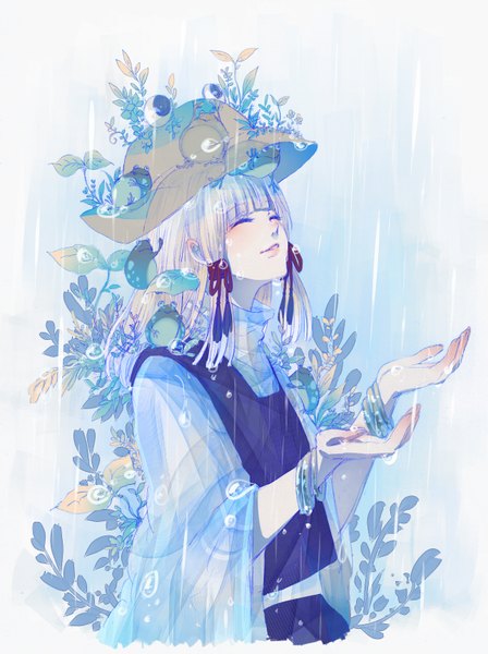 Anime picture 1287x1724 with touhou moriya suwako nekono mimiko (fleur-de-lis) single long hair tall image fringe light smile lips happy rain alternate age eyes soft beauty girl skirt ribbon (ribbons) plant (plants) hair ribbon hat