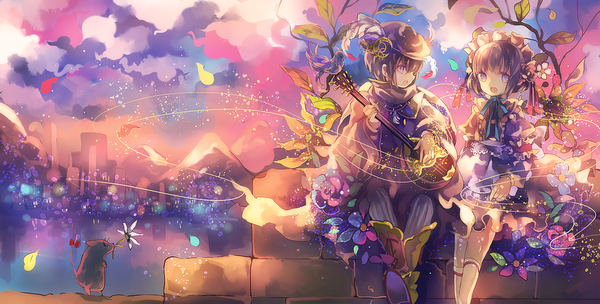 Anime picture 2000x1016 with original cha goma fringe highres short hair open mouth hair between eyes brown hair wide image purple eyes cloud (clouds) :d hair flower mountain against wall playing instrument colorful girl thighhighs dress
