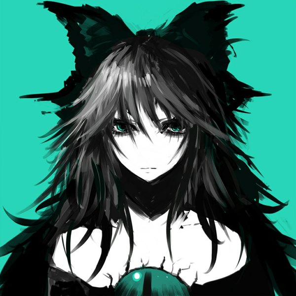 Anime picture 1024x1024 with touhou reiuji utsuho 31 violence (artist) single long hair fringe blue eyes black hair simple background bare shoulders sad girl bow hair bow