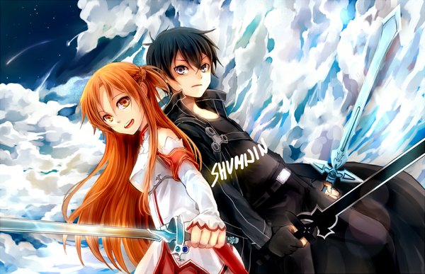 Anime picture 1000x646 with sword art online a-1 pictures yuuki asuna kirigaya kazuto shumijin long hair looking at viewer short hair open mouth black hair brown hair brown eyes sky cloud (clouds) black eyes girl boy weapon detached sleeves sword