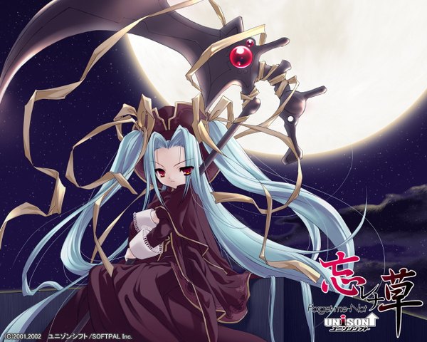 Anime picture 1280x1024 with wasurenagusa - forget-me-not eario itou noiji single looking at viewer red eyes twintails blue hair very long hair night loli copyright name girl dress ribbon (ribbons) weapon moon full moon scythe