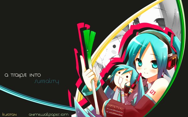 Anime picture 1280x800 with vocaloid hatsune miku wide image dark background chibi solid eyes girl leek