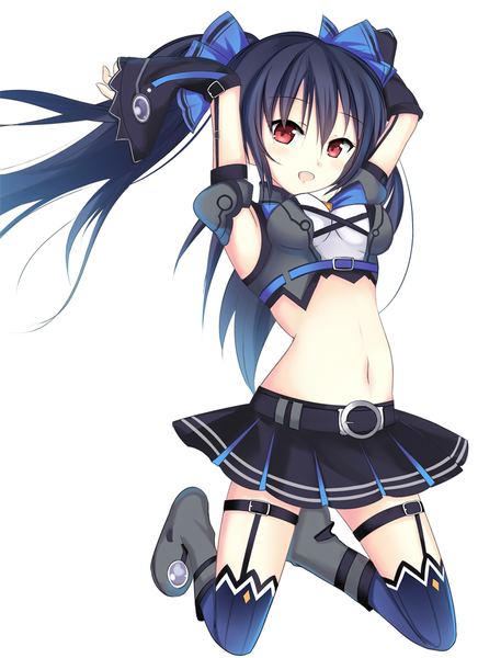 Anime picture 727x1000 with choujigen game neptune noire kirimoti34 single long hair tall image blush open mouth black hair simple background red eyes white background twintails midriff girl thighhighs navel bow hair bow detached sleeves