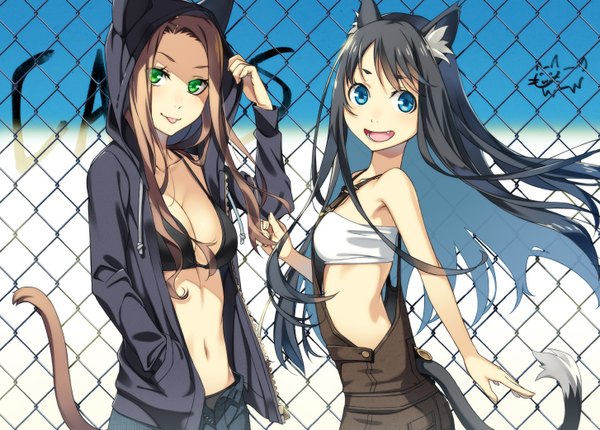 Anime picture 1454x1044 with original kimura (ykimu) long hair looking at viewer fringe open mouth blue eyes black hair brown hair standing bare shoulders multiple girls green eyes animal ears tail animal tail cat ears open clothes open jacket bare belly
