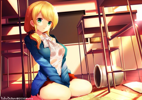 Anime picture 1200x848 with new horizon ellen baker kaho okashii long hair light erotic blonde hair green eyes looking away low ponytail wet clothes classroom wet shirt teacher girl skirt shirt water desk