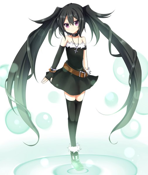 Anime picture 2160x2560 with original note-chan amano kouki single long hair tall image looking at viewer highres black hair hair between eyes twintails purple eyes bare shoulders light smile girl thighhighs dress black thighhighs bracelet belt