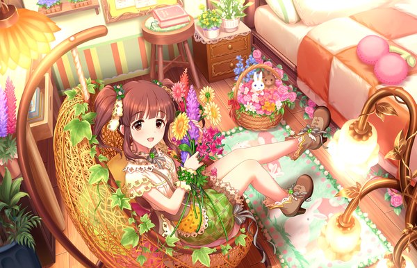 Anime picture 1280x824 with idolmaster idolmaster cinderella girls ogata chieri single long hair looking at viewer blush open mouth brown hair sitting twintails brown eyes girl dress flower (flowers) ribbon (ribbons) hair ribbon bed
