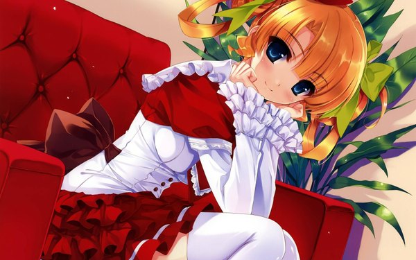 Anime picture 1680x1050 with kuroya shinobu single long hair looking at viewer blush blue eyes blonde hair wide image sitting twintails light smile girl thighhighs dress flower (flowers) bow hair bow white thighhighs couch room
