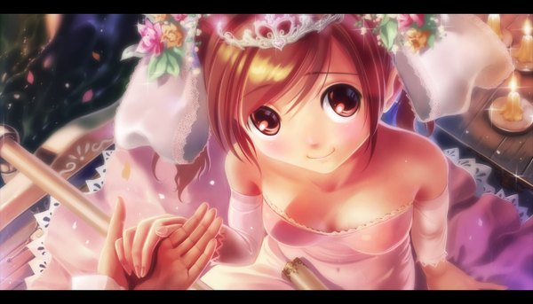 Anime picture 1300x744 with original kankurou short hair smile red eyes brown hair wide image bare shoulders girl dress detached sleeves tiara